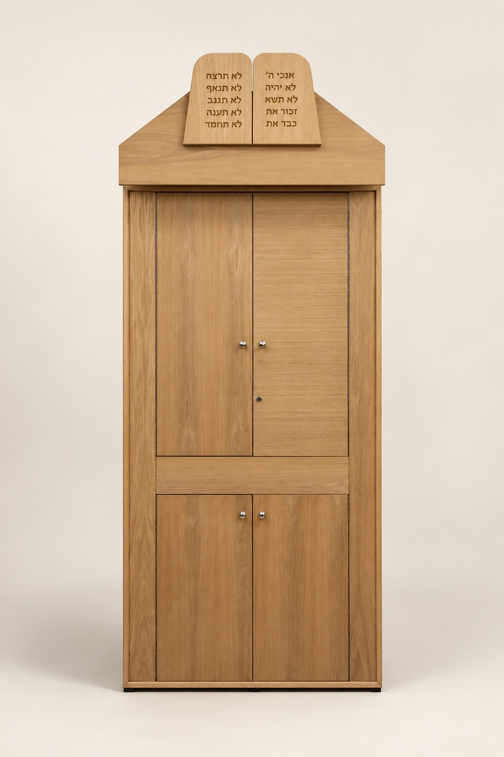 Custom wooden Aron Kodesh with Hebrew tablets and lower storage