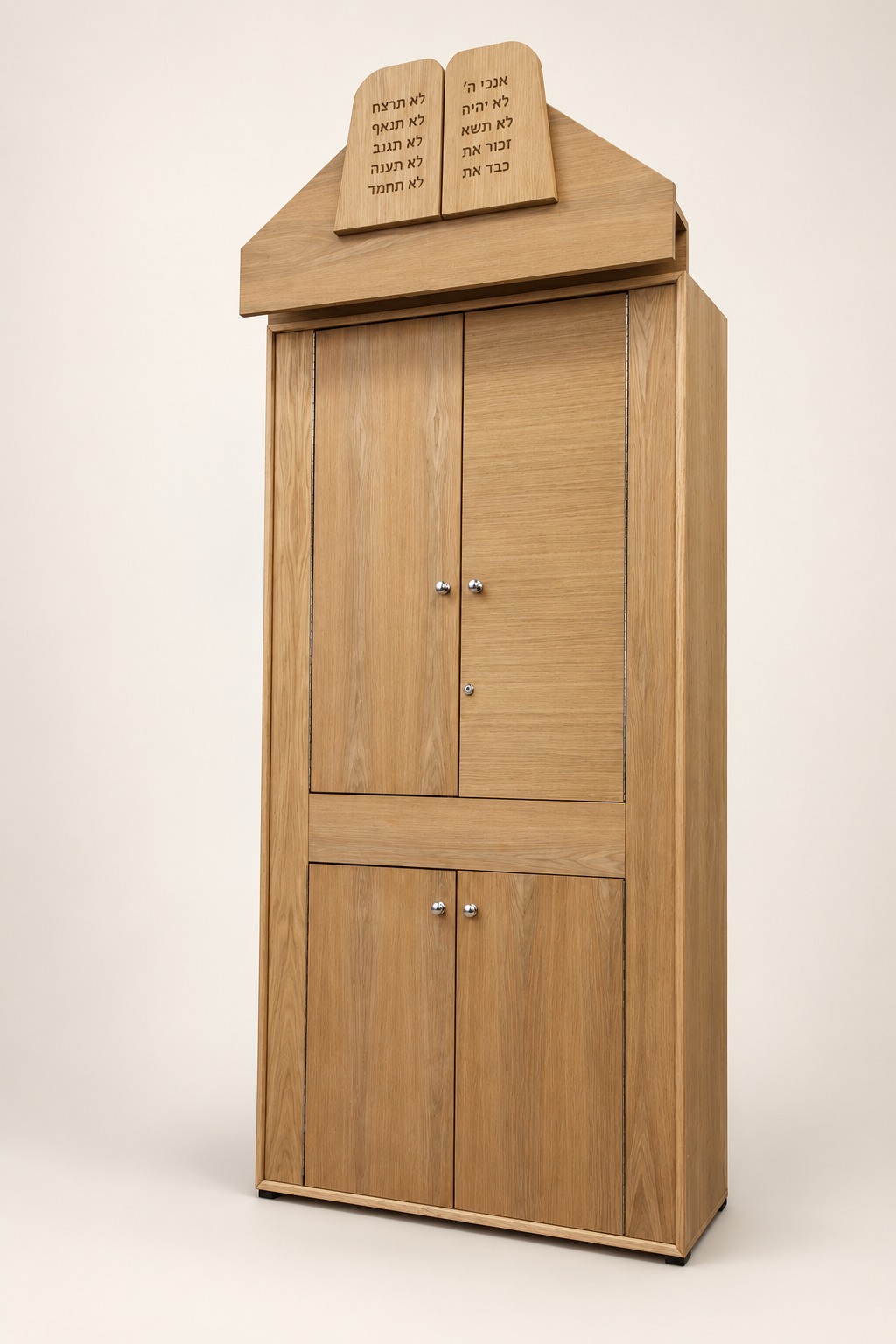 Angled view of the custom Aron Kodesh showing cabinet construction